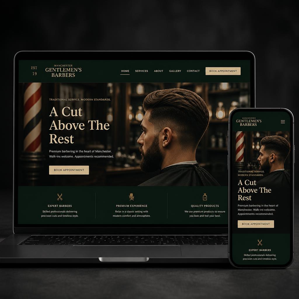 Website preview built for a UK Barber shop, shown on laptop and mobile.