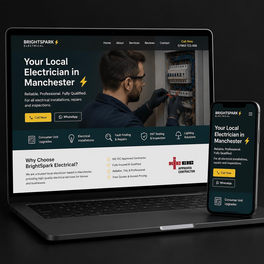 Website preview built for a UK Electrician, shown on laptop and mobile.