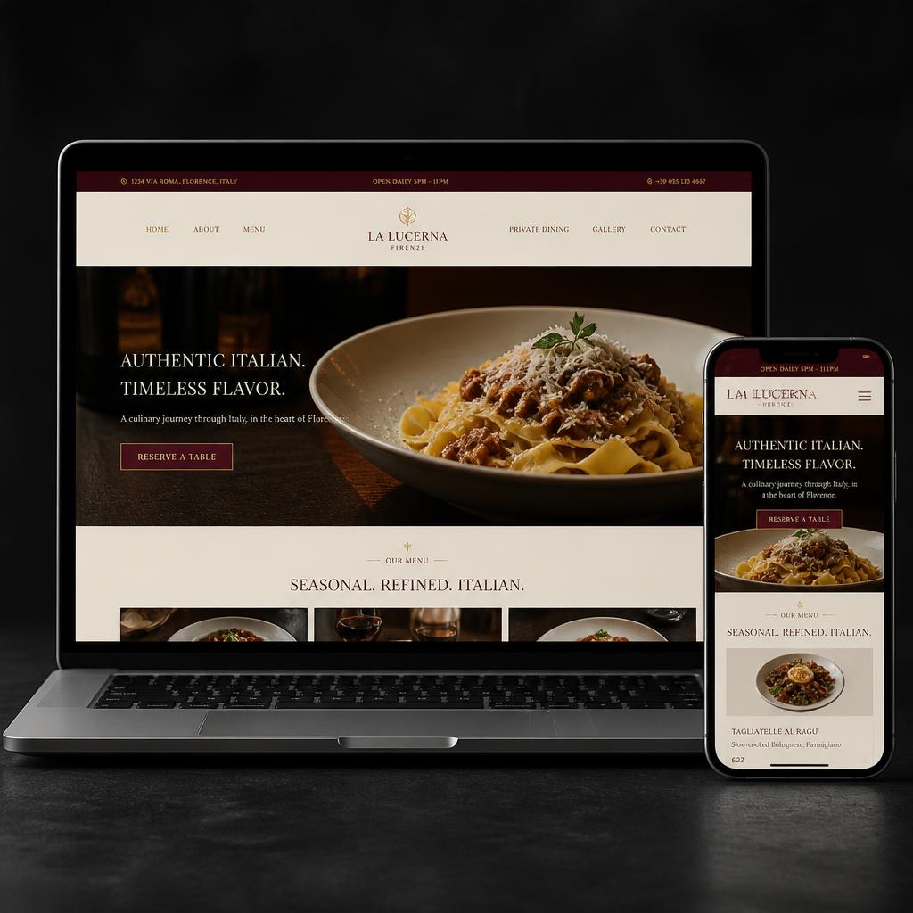 Website preview built for a UK Restaurant, shown on laptop and mobile.