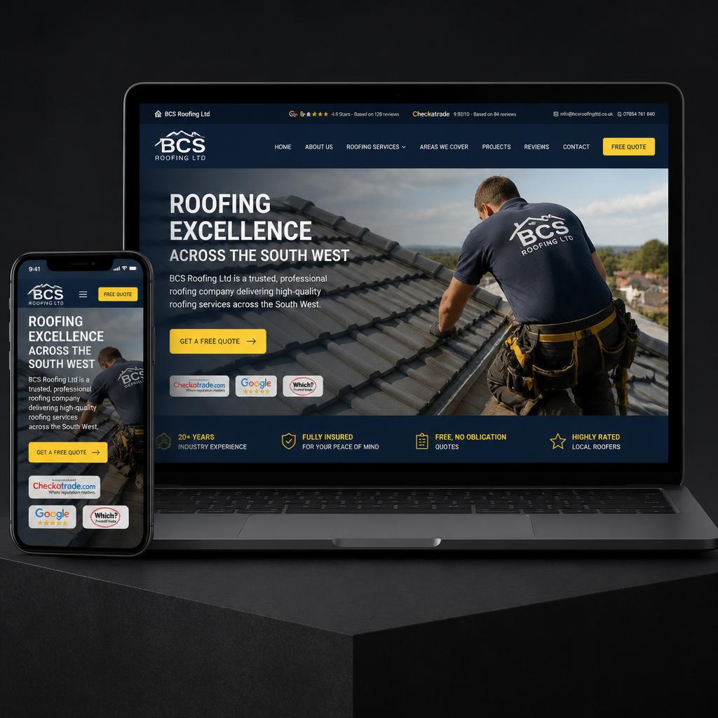 Website preview built for a UK Roofing company, shown on laptop and mobile.